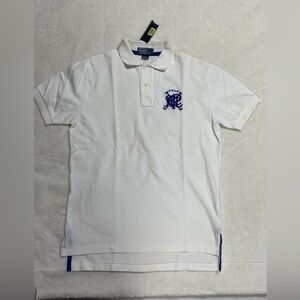 POLO RALPH RAUREN Classics Scribble Crest Mens Polo Shirt, White, Blue Logo XL